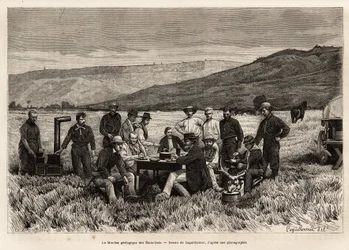 La mission géologique des États-Unis est jeune dans la plaine, eau-forte d