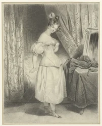 Jeune femme dans une chambre à coucher, dénouant son corset