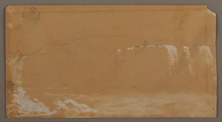 Dessin, chutes américaines, île Goat et partie des chutes en fer à cheval, vues de la rive canadienne de la rivière Niagara, peut-être 1858