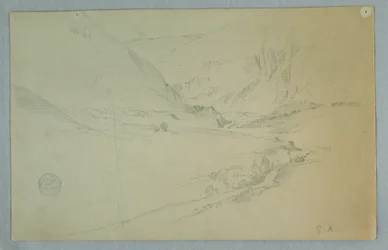 Dessin, vallée de montagne andine avec ruisseau sinueux, Colombie ou Équateur, 1857