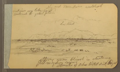 Dessin, église, tour, maison ; verso : chaîne de montagnes, 1889