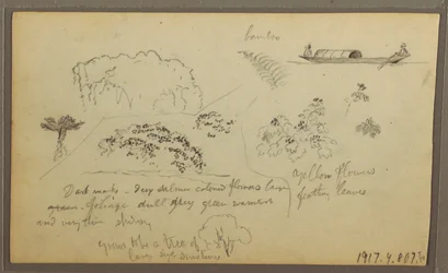Dessin, église, tours ; Verso : figures en canoë, croquis botaniques, 1857