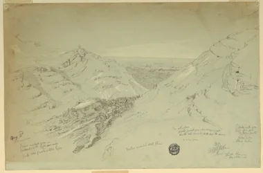Dessin, vue lointaine de Damas, Syrie, 2 mai 1868