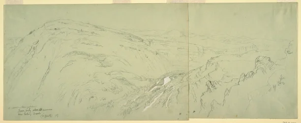 Dessin, vue lointaine de Damas, Syrie, 7 mai 1868