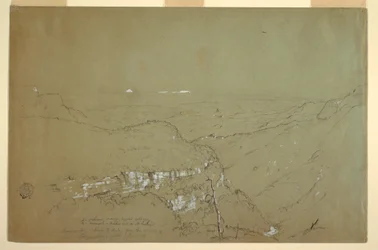 Dessin, vue lointaine des volcans Tolima et Ruiz depuis les environs des chutes de Tequendama, Colombie, juin 1853
