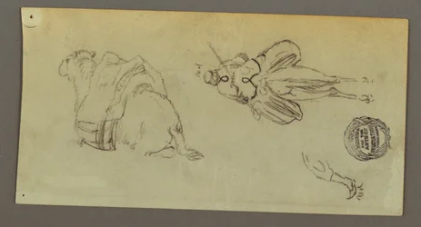 Dessin, personnage montant un chameau, chameau assis, peut-être 1868