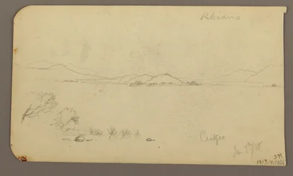 Dessin, personnage et charrette à bœufs, cyprès ; verso : vue du lac de Cuitzeo, janvier 1885
