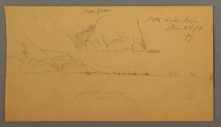 Dessin, port, voiliers, montagnes, 21 juin 1859
