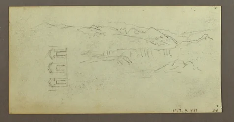 Dessin, cheval, figure de dos, arbres, peut-être 1868