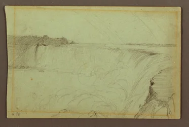 Dessin, chutes en fer à cheval avec un double arc-en-ciel, rivière Niagara, Canada, 1856