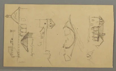 Dessin, maison, pont, château, toits, août 1868