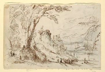 Dessin, paysage imaginaire avec ruines classiques, vers 1845