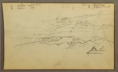 Dessin, paysage ; verso : bateau, croquis botaniques, 1857