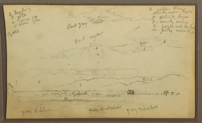 Dessin, paysage ; verso : maisons, canoë, 1857