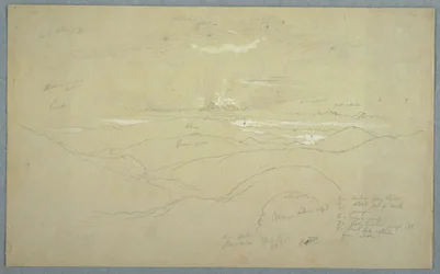 Dessin, paysage au coucher du soleil, Jamaïque, juillet 1865