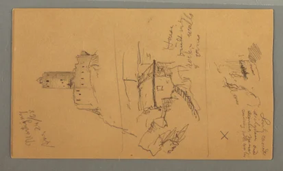 Dessin, château médiéval, maison en cascade, 24 août 1868