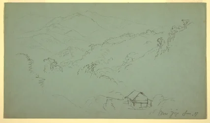 Dessin, paysage de montagne, maison, "près de Jorje", Équateur, juin 1857