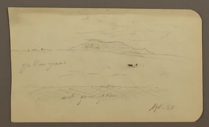 Dessin, paysage de montagne ; verso : église avec dôme, avril 1885
