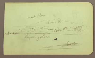 Dessin, paysage de montagne ; verso : personnage assis, montagne, 1883