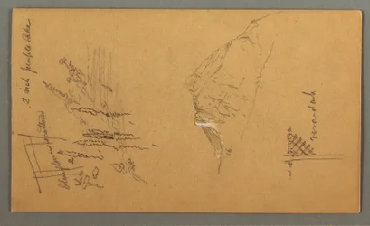 Dessin, pic montagneux, végétation en bordure de piscine, 1868
