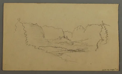 Dessin, pics montagneux, sanctuaire au bord de la route, août 1868