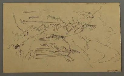 Dessin, Pics montagneux, deux personnages dans une barque, août 1868
