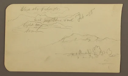 Dessin, chaînes de montagnes, Cuautla, église ; verso : cheval accroupi, notes sur le paysage, février 1885