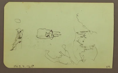 Dessin, montagnes, église ; verso : figures, église, 1883