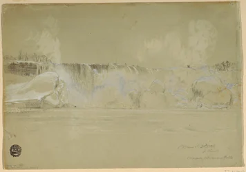 Dessin, chutes du Niagara dans la neige, vue du nord-ouest, 20 mars 1856