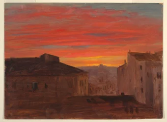 Dessin, Toits au coucher du soleil depuis le Pincio, Rome, fin 1868 ou début 1869