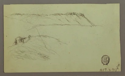 Dessin, ruines entourées de murs, tentes, études de deux figures, 28 avril 1868
