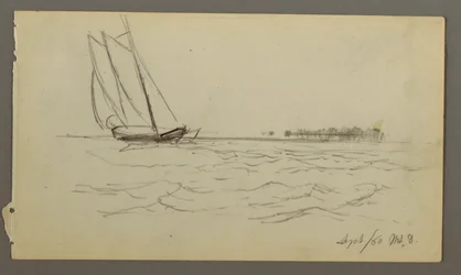 Dessin, voilier chevauchant les vagues, 1860
