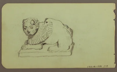 Dessin, statue de lion, esquif ; verso : statue de lion, décembre 1883