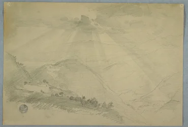 Dessin, soleil perçant les nuages au-dessus d