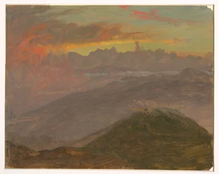 Dessin, Coucher de soleil et montagnes, juillet 1865