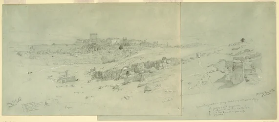 Dessin, temples au matin, Baalbek, 12 mai 1868