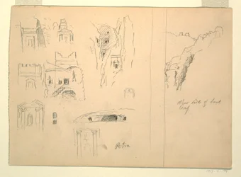 Dessin, Dix études de tombes et une vue de rochers, Petra, Jordanie, 26 février 1868