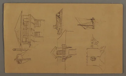 Dessin, maison en bois, deux voiliers, études de toit, peut-être 1868
