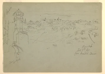 Dessin, tour de Lydda et Ramleh vue de la tour de Ramleh, Palestine [Ramleh, Israël], 7 et 10 février 1868