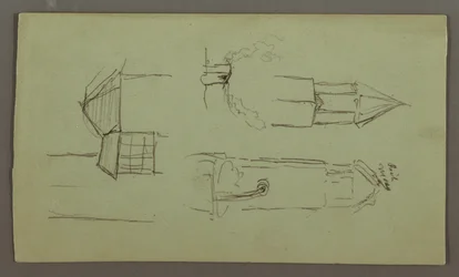 Dessin, tours, toits, portique, toit, juillet 1868