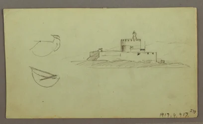 Dessin, ville sur la côte, chaîne de montagnes derrière, 27 mai 1868