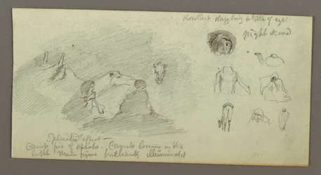 Dessin, Deux personnages et deux chameaux près d