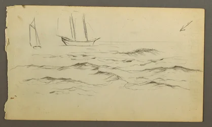 Dessin, deux voiliers, vagues, peut-être 1860