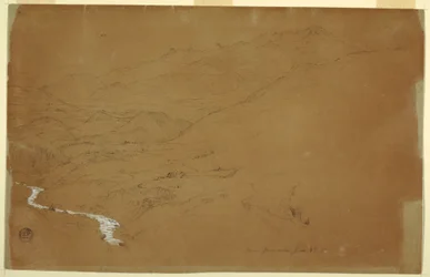 Dessin, vallée avec un ruisseau et des maisons, près de Guaranda, Équateur, 4 juin 1857