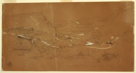 Dessin, vallée avec un pont et des maisons, près de Guaranda, Équateur, 5 juin 1857