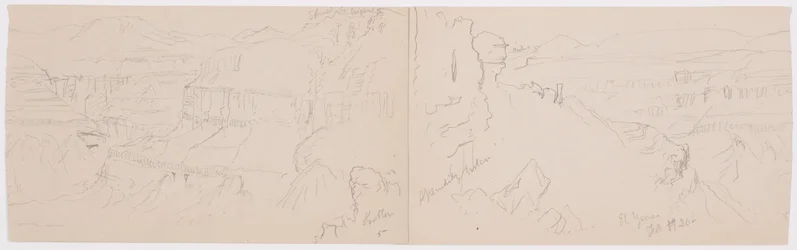 Dessin, vue sur les collines et la plaine en direction des montagnes, vallée d