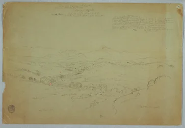 Dessin, vue près de Popayan incluant le volcan Mount Purese, rivière Cauca, Colombie, 8 août 1853