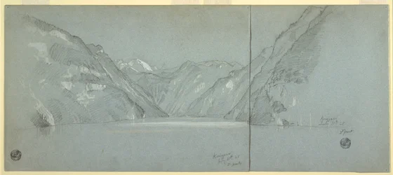 Dessin, Vue du lac Konigssee avec le Falkenstein, près de Berchtesgaden, Bavière, Allemagne, 2e partie, 11 juillet 1868