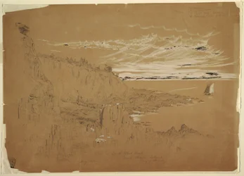 Dessin, "Vue sur le cap sud-ouest, île de Grand Manan, baie de Fundy, Canada", août 1851