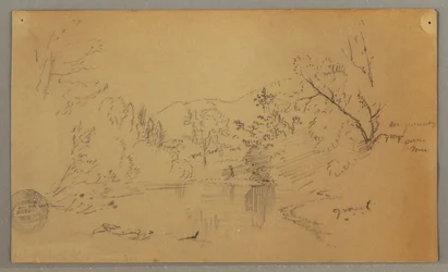 Dessin, rivière sinueuse dans une vallée boisée, Vermont, octobre 1865
